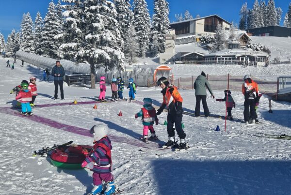 Kids enjoying ski lessons in WSS SKI school Hinterstoder in Austrian Alps